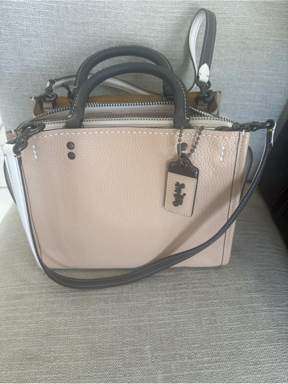 Coach Beige Pebble Leather Satchel with Black Trim and White Accents